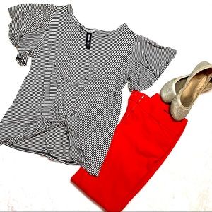 A&D XS Skinny Black Striped Tee w/ Flutter Sleeves